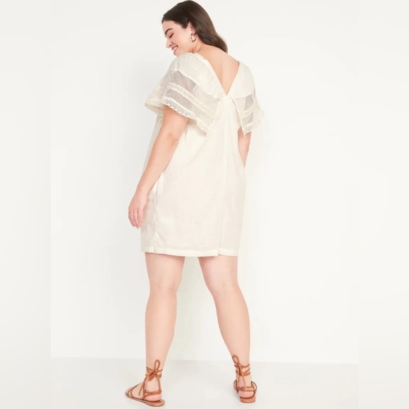 OLD NAVY Off-White Cream Flutter Lace Sleeve Swing Mini Midi Dress Open-Back M - Picture 4 of 16